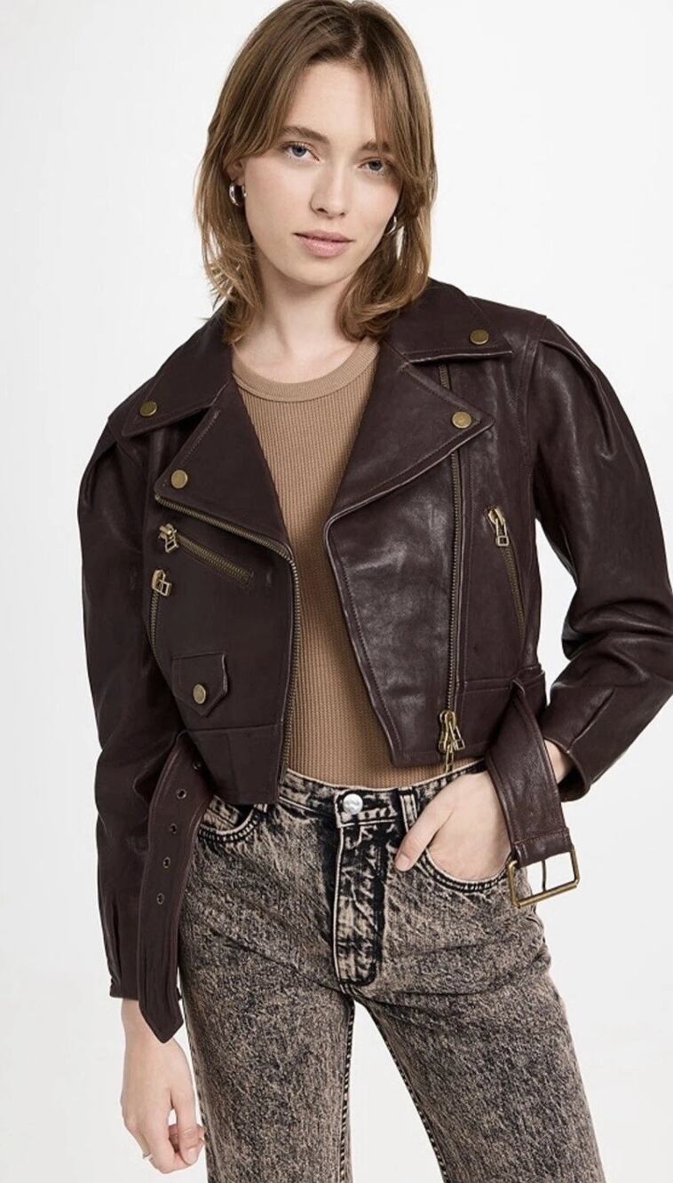 Veronica Beard 100% Lamb Leather Cropped Belted-Waist Moto Jacket Brown Womens 2